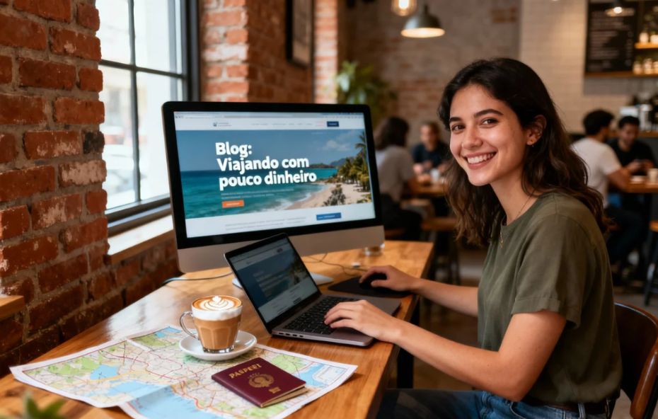 Mulher jovem trabalhando em um notebook dentro de um café moderno com um site aberto exibindo o título Viajando com pouco dinheiro acompanhada de café e mapas.