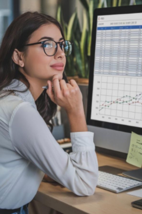 Uma analista de mercado com óculos, sentada em sua mesa, olha atentamente para a tela de um computador que exibe planilhas e gráficos de dados, com uma expressão pensativa.