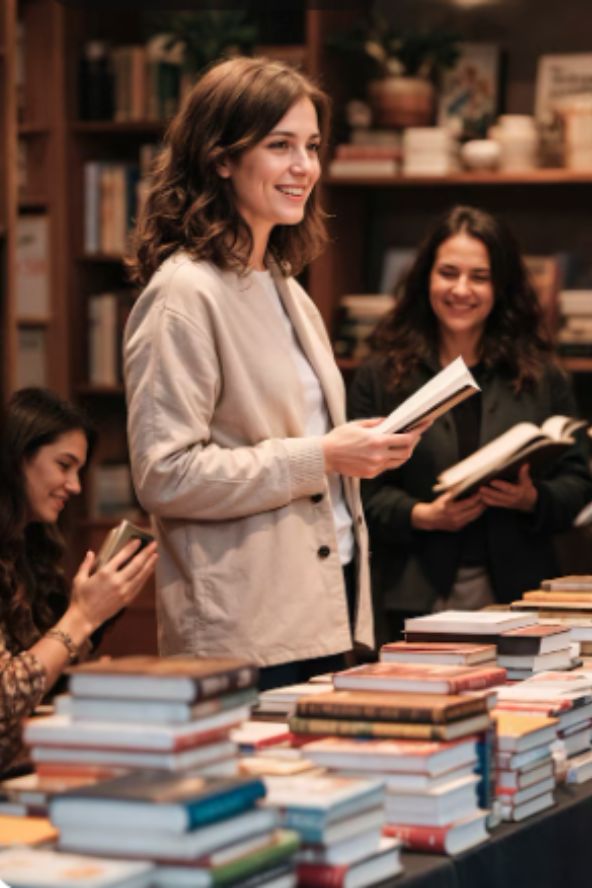 Mulher sorridente em uma livraria, cercada por outras pessoas e pilhas de livros.