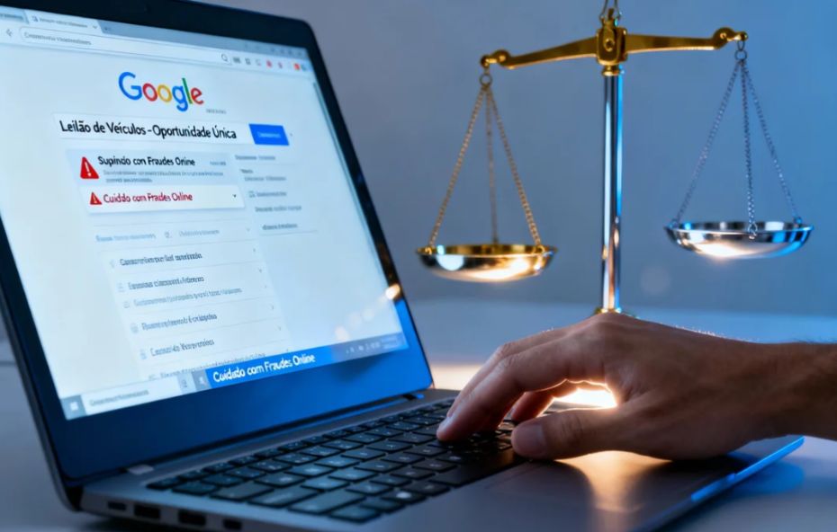 Mãos digitando em teclado de computador monitor exibindo anúncio fraudulento do Google com o texto Leilão de Veículos ao lado de uma balança da justiça simbolizando a decisão judicial e a responsabilidade da plataforma em golpes online.