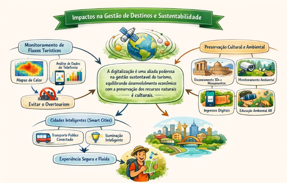 Mapa mental mostrando como a digitalização auxilia na gestão sustentável do turismo com monitoramento de fluxos turísticos, preservação cultural e ambiental e cidades inteligentes para melhorar a experiência do visitante