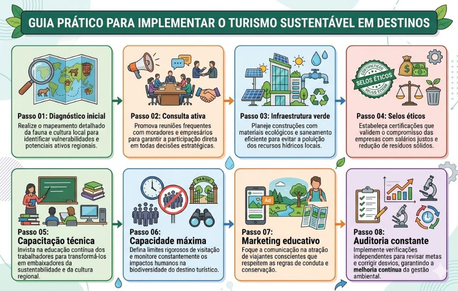 Um infográfico organizado em oito painéis coloridos ilustrados, dispostos em duas linhas de quatro, detalhando um guia prático para implementar o turismo sustentável em destinos. Cada painel contém um número de passo de 01 a 08, um ícone ilustrativo correspondente e texto descritivo. O infográfico tem um design moderno com uma paleta de cores verde, laranja, azul e roxo.