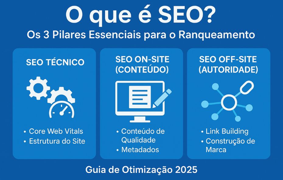 Infográfico com três colunas em fundo azul detalhando os pilares do SEO. O primeiro pilar é SEO Técnico (engrenagens e velocímetro) listando Core Web Vitals e Estrutura do Site. O segundo é SEO On Site Conteúdo (monitor e lápis) listando Conteúdo de Qualidade e Metadados. O terceiro é SEO Off Site Autoridade (rede de conexão) listando Link Building e Construção de Marca.