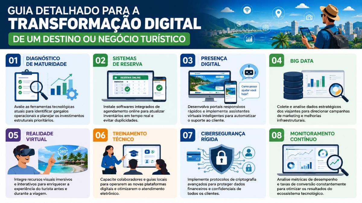 Infográfico ilustrado apresentando oito etapas para modernizar destinos e negócios turísticos, incluindo diagnóstico tecnológico, reservas online, presença digital, análise de dados, realidade virtual, treinamento técnico, cibersegurança e monitoramento contínuo.