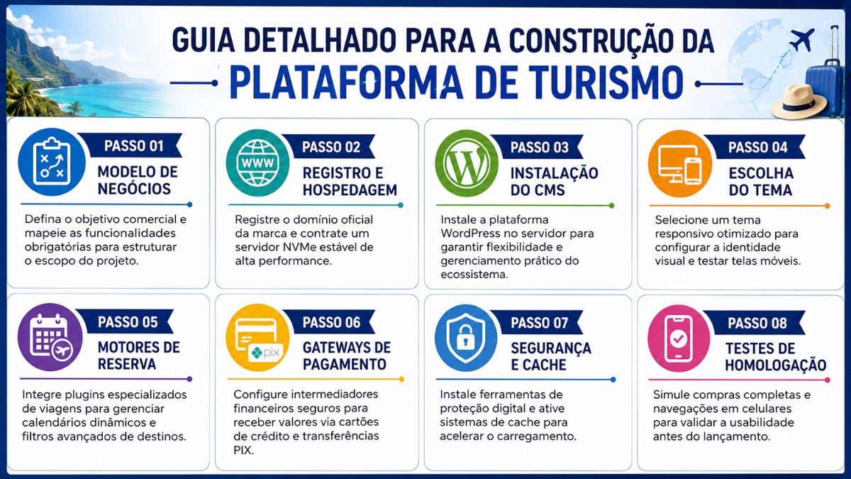 Um infográfico horizontal com fundo branco e detalhes azuis exibe o título Guia Detalhado para a Construção da Plataforma de Turismo. Abaixo do título, o conteúdo é dividido em oito quadros brancos organizados em duas fileiras de quatro. Cada quadro traz um ícone colorido em um círculo, o número do passo, um subtítulo curto e um parágrafo explicativo descrevendo as etapas desde o modelo de negócios até os testes de homologação. No topo direito, há ilustrações de um avião cruzando o planeta, uma mala azul e um chapéu de palha.