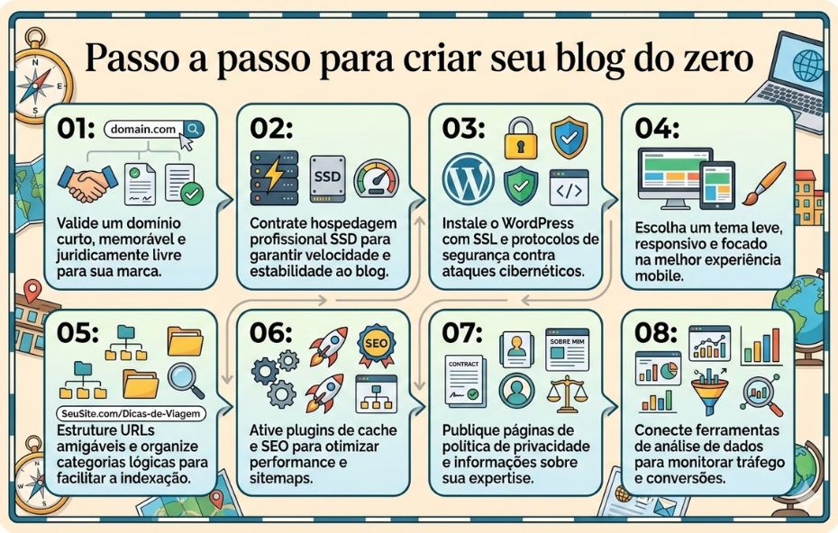 Infográfico com oito quadros numerados sobre fundo bege ilustrado com mapas e bússolas detalhando as etapas técnicas para criar um blog. Os passos abrangem desde a validação do domínio e escolha de hospedagem SSD até a instalação do WordPress, seleção de tema mobile, configuração de URLs, plugins de SEO, páginas legais e análise de dados.
