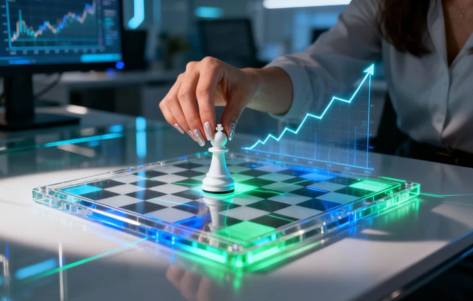 Fundadores da Markanty Growth Manoel Regis e Liah Brasil mostram gráfico de crescimento exponencial em tablet em escritório moderno com vista para cidade ao entardecer.