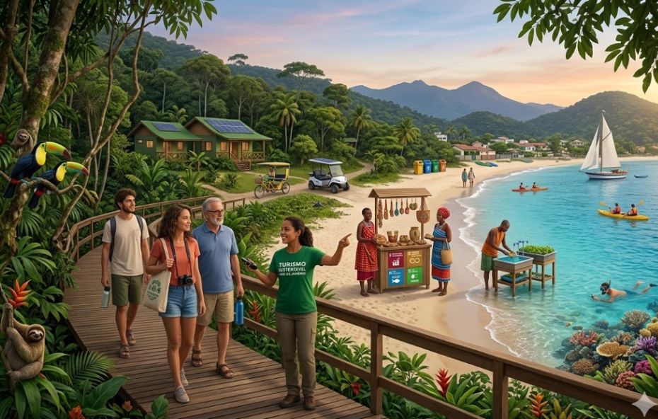 Uma composição fotográfica panorâmica em um destino turístico costeiro e tropical. No primeiro plano, uma guia de turismo local vestindo uma camiseta verde lidera um grupo diversificado de turistas por uma passarela de madeira em uma área de densa vegetação nativa protegida. Ela aponta para uma praia limpa e movimentada. Ao fundo, vê-se a comunidade local trabalhando, com mulheres vendendo artesanato em trajes coloridos em uma barraca decorada, um homem cultivando verduras e outro pescando de forma tradicional, enquanto turistas se divertem no mar com caiaques e mergulho. Uma pequena pousada sustentável com energia solar está integrada à paisagem montanhosa.