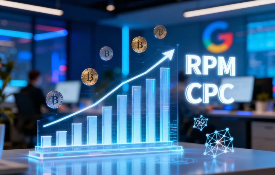 Uma interface holográfica tridimensional exibe gráficos e dados de um leilão de anúncios em tempo real, flutuando em um escritório de tecnologia moderno. A cena é iluminada por tons de azul e cores vibrantes, representando a análise de dados e a inovação no ecossistema de publicidade digital.