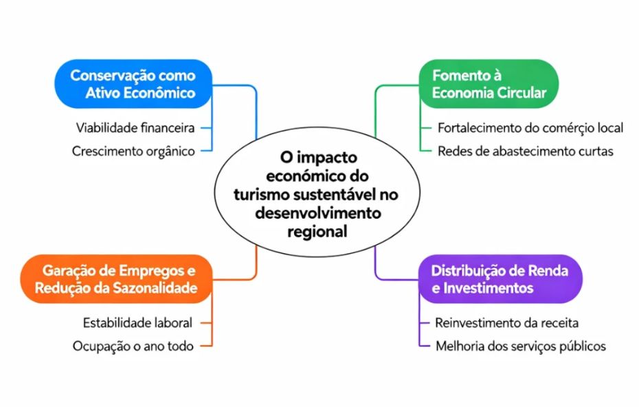Mapa mental que ilustra o impacto econômico do turismo sustentável no desenvolvimento regional. O tema central está em um círculo, de onde partem quatro ramificações coloridas. A primeira, em azul, aborda a conservação como ativo econômico. A segunda, em verde, trata do fomento à economia circular. A terceira, em laranja, foca na geração de empregos e redução da sazonalidade. A quarta, em roxo, descreve a distribuição de renda e investimentos. Cada ramificação possui subtópicos que detalham os conceitos.