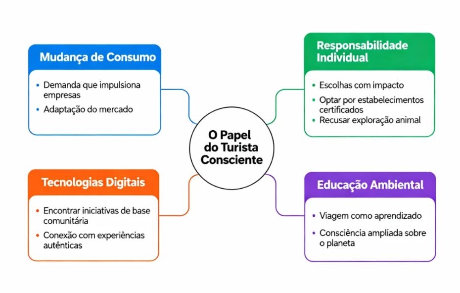 Mapa mental sobre o papel do turista consciente. O tema central se conecta a quatro caixas coloridas. A caixa azul fala sobre mudança de consumo, a verde sobre responsabilidade individual, a laranja sobre tecnologias digitais e a roxa sobre educação ambiental. Cada caixa contém subtópicos relacionados ao seu tema principal.
