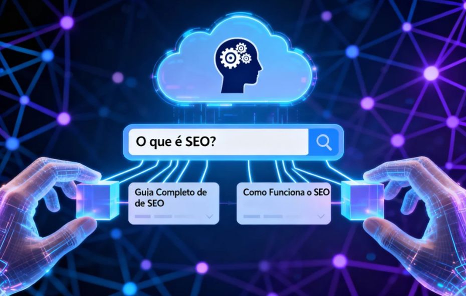 Mãos humanas interagindo com uma interface digital futurista que exibe a pergunta "O que é SEO" em uma barra de pesquisa. Acima, uma nuvem de inteligência artificial com um cérebro com engrenagens simboliza o processamento e ranqueamento da busca. O foco está nos resultados de pesquisa interativos "Guia Completo de SEO" e "Como Funciona o SEO" mostrando a conexão entre o usuário a informação e a IA.