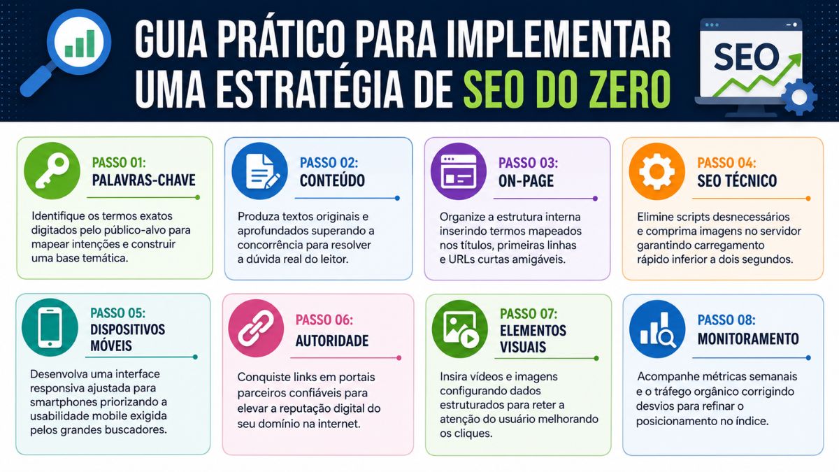 Infográfico detalhado com fundo branco apresentando oito blocos coloridos e numerados que explicam etapas práticas de otimização para motores de busca.