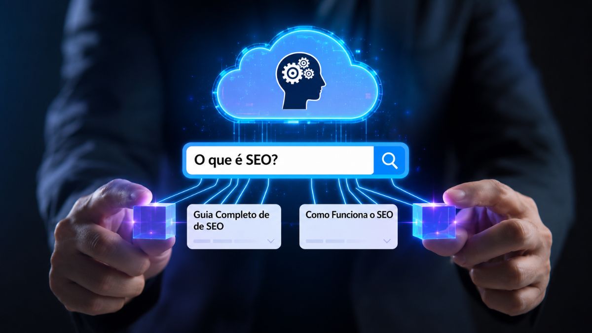 Ilustração digital em tons de azul mostrando mãos segurando cubos luminosos conectados a uma barra de pesquisa com termos sobre otimização.