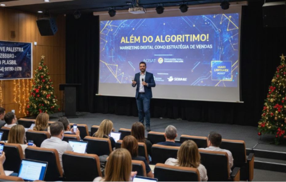 Foto de auditório lotado com empresários assistindo a Marcus Tonin O Marketeiro Confesso ministrando a palestra Além do Algoritmo Marketing Digital como Estratégia de Vendas evento promovido pela Acisat em Tapejara para impulsionar vendas de Natal.