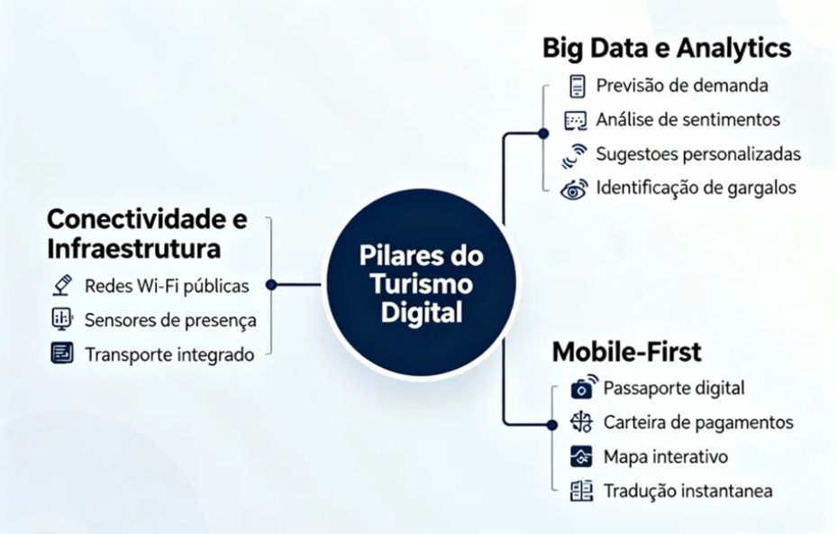 Mapa mental sobre os Pilares do Turismo Digital. O conceito central se divide em três áreas principais. A primeira é Conectividade e Infraestrutura, que inclui redes Wi-Fi públicas, sensores de presença e transporte integrado. A segunda é Big Data e Analytics, com itens como previsão de demanda, análise de sentimentos, sugestões personalizadas e identificação de gargalos. A terceira é Mobile First, que abrange passaporte digital, carteira de pagamentos, mapa interativo e tradução instantânea.