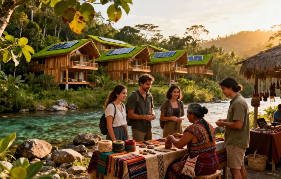 Fotografia realista de um hotel ecológico com painéis solares e telhado verde integrado à floresta ao lado de um rio cristalino enquanto turistas interagem com uma artesã local em uma feira de produtos tradicionais.