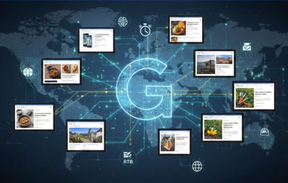 Infográfico digital mostrando um globo terrestre com o logotipo do Google centralizado de onde saem conexões para diversas telas de dispositivos exibindo conteúdos de sites variados como culinária e tecnologia representando a publicidade contextual.