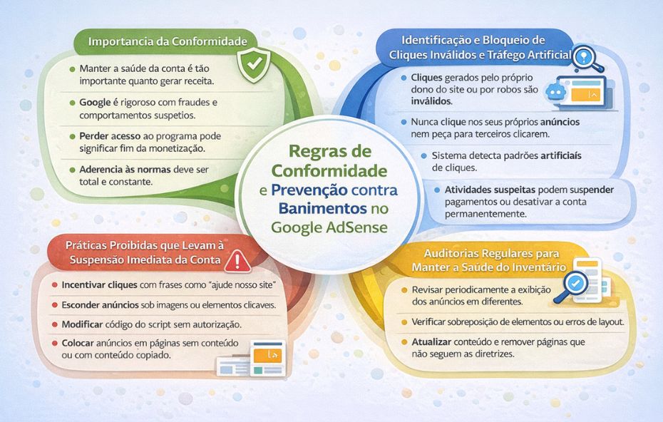Infográfico em estilo mapa mental mostrando as principais regras de conformidade e medidas de prevenção contra banimentos no Google AdSense, incluindo importância da conformidade, identificação de cliques inválidos, práticas proibidas e auditorias regulares.