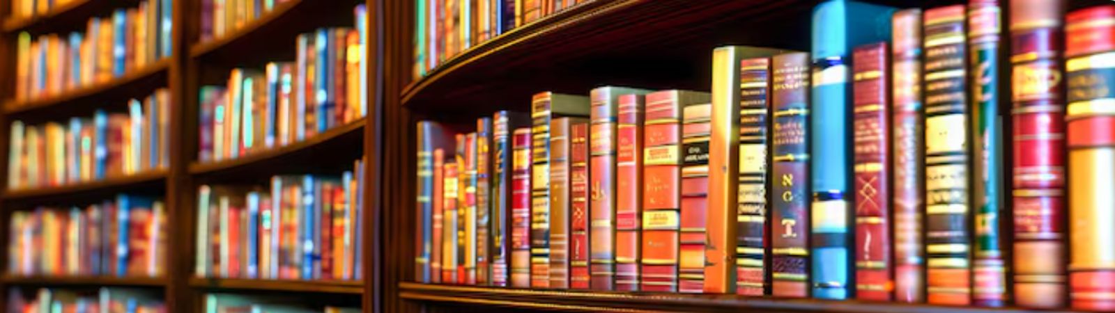 Prateleiras de madeira escura com fileiras densas de livros antigos e clássicos, a maioria com capas em couro e lombadas decoradas em tons quentes de vermelho, dourado e marrom, sugerindo um vasto acervo de obras raras e de colecionador.