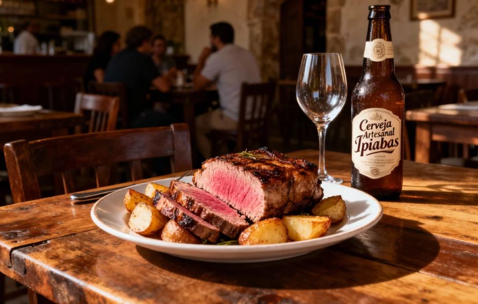Prato de picanha fatiada com batatas assadas em uma mesa de madeira, ao lado de uma garrafa de cerveja artesanal de Ipiabas e uma taça de vidro, com o ambiente de um restaurante rústico ao fundo.