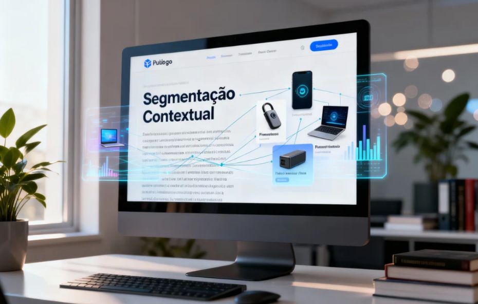 Fotografia de um monitor de computador em uma mesa de escritório moderna. A tela exibe um artigo sobre "Segmentação Contextual", com gráficos holográficos e linhas que conectam o texto a anúncios de produtos tecnológicos, como um smartphone e um laptop.