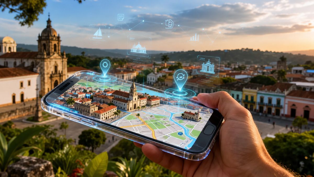 Pessoa segura um smartphone que exibe um mapa interativo com marcadores digitais sobrepostos a um centro histórico, destacando pontos turísticos em um cenário urbano ao entardecer.