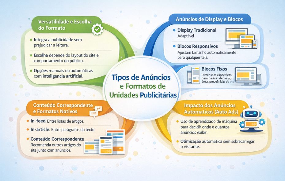 Infográfico em estilo mapa mental mostrando os tipos de anúncios e formatos de unidades publicitárias do Google AdSense, incluindo versatilidade de formatos, anúncios de display e blocos, conteúdos correspondentes e nativos, e impacto dos anúncios automáticos.