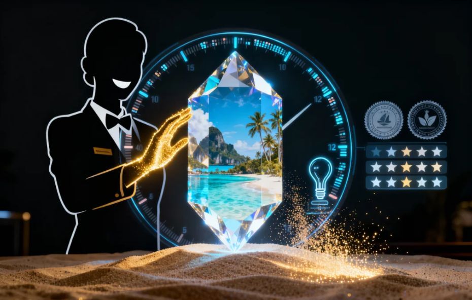 Ilustração conceitual apresentando a silhueta de um profissional de hospitalidade que toca um cristal reluzente contendo uma paisagem de praia tropical com palmeiras, posicionado sobre uma base de areia dourada e cercado por elementos digitais como um relógio de precisão, lâmpada de ideias e selos de qualidade que reforçam a natureza intangível e perecível do serviço de turismo.