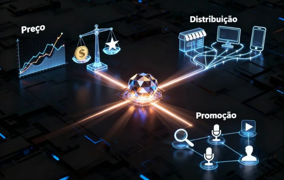 Infográfico digital em 3D apresentando um núcleo central reluzente de onde partem feixes de luz conectando os pilares de preço, distribuição e promoção, com elementos visuais que incluem um gráfico de crescimento financeiro, uma balança equilibrando moedas e estrelas de qualidade, uma rede de dispositivos conectados a um ponto de venda e ícones de canais de comunicação digital como microfone e vídeo.