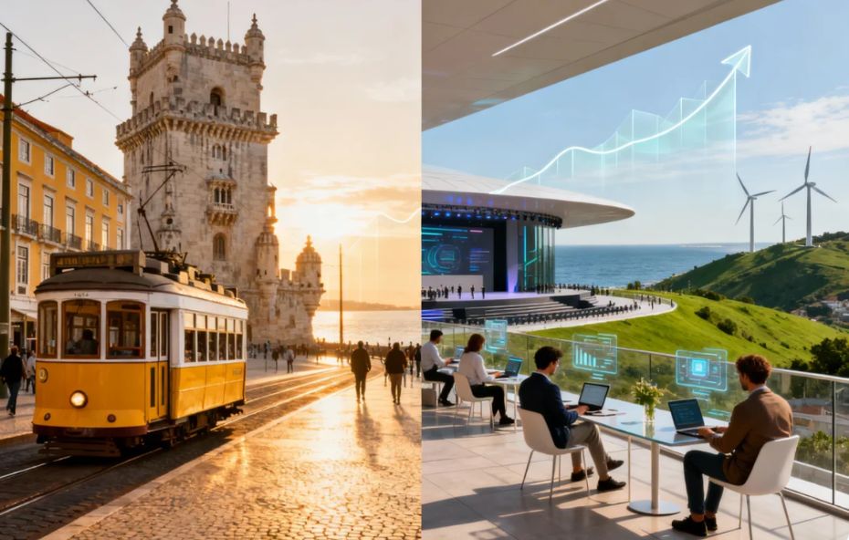 Uma montagem fotográfica detalhada que divide a paisagem portuguesa entre o património histórico monumental e a inovação tecnológica moderna representando o crescimento económico e a sustentabilidade ambiental do país.