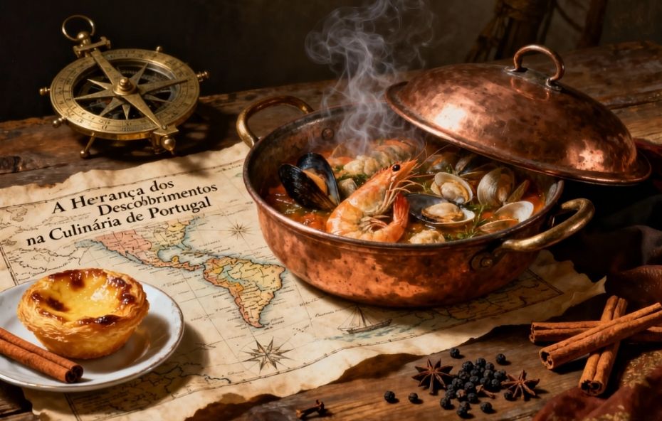 Fotografia de estilo rústico exibindo uma cataplana de marisco fumegante sobre um mapa antigo com o título A Herança dos Descobrimentos na Culinária de Portugal rodeada por um pastel de nata pau de canela especiarias e uma bússola dourada.