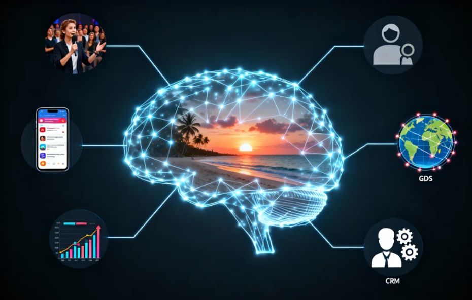 A imagem apresenta uma representação digital de um cérebro humano formado por conexões de dados, contendo em seu centro a imagem de uma praia ao pôr do sol. Ao redor deste núcleo, uma rede de ícones circulares simboliza as engrenagens da tecnologia no setor, incluindo elementos como sistemas de distribuição global, ferramentas de CRM para gestão de clientes, análise de métricas, marketing de influência e dispositivos móveis para comunicação direta. O fundo escuro com linhas de conexão destaca a ideia de um ecossistema integrado e inteligente que sustenta a indústria de viagens atual.