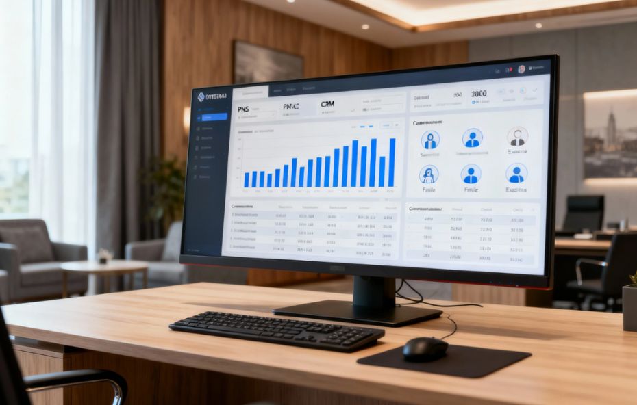 Interface digital de um software de gestão hoteleira em um monitor moderno, exibindo gráficos de pizza e barras sobre o perfil dos hóspedes, com um gestor profissional ao fundo em um escritório sofisticado.