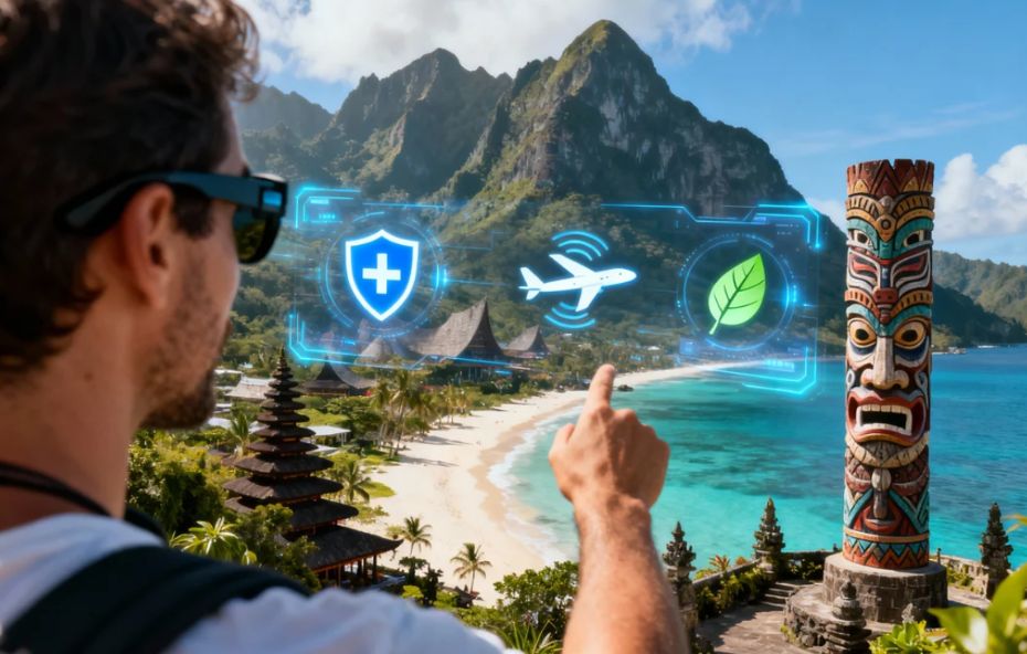 A imagem mostra um viajante em primeiro plano, de costas, utilizando óculos tecnológicos que projetam uma interface digital flutuante sobre uma paisagem tropical paradisíaca. A interface exibe ícones brilhantes de um escudo com uma cruz, um avião e uma folha, simbolizando segurança, conectividade e sustentabilidade. Ao fundo, uma praia de águas cristalinas é emoldurada por montanhas exuberantes e arquitetura típica, com um totem cultural detalhado à direita, representando a identidade e a autenticidade do destino.