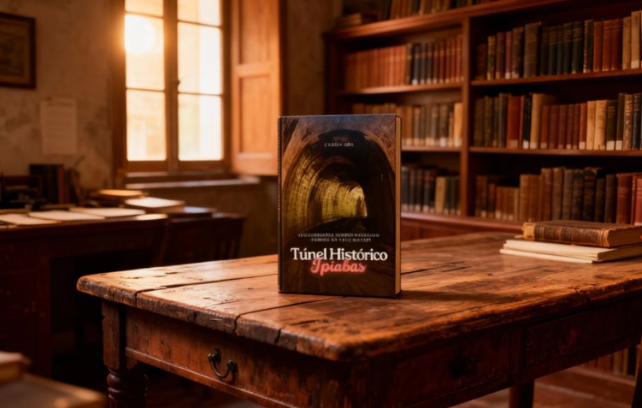 Capa do livro digital sobre o Túnel Histórico de Ipiabas de autoria de Carlos Jobs. A imagem exibe a entrada da galeria ferroviária na Pedra do Gavião em tons de sépia com acabamento gráfico elegante e molduras clássicas.