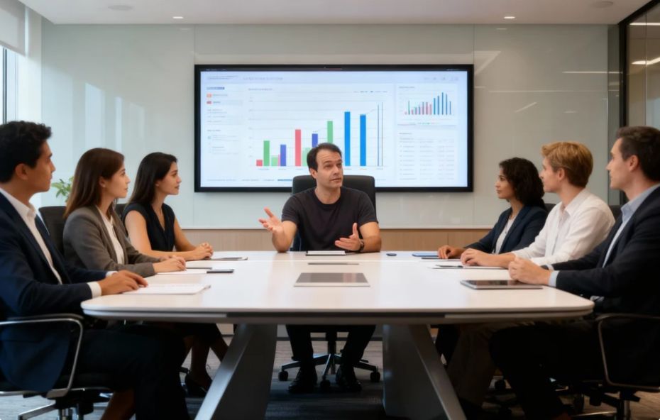 O especialista Carlos Jobs aparece sentado à cabeceira de uma mesa de conferência branca, gesticulando durante uma apresentação. Ao fundo, uma tela digital exibe gráficos de crescimento e métricas de desempenho. Ao redor da mesa, profissionais acompanham a explanação em um escritório moderno com iluminação clara.
