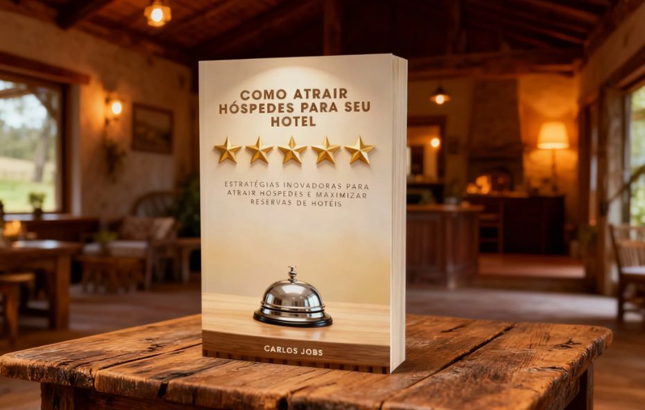 Capa do livro digital como atrair hospedes para seu hotel do autor Carlos Jobs exibindo o título em destaque sobre uma imagem de paisagem natural e hotelaria.