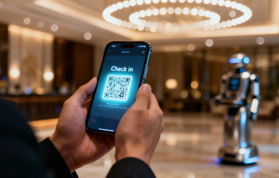 Pessoa segura um smartphone exibindo um código QR para check-in digital em um lobby de hotel luxuoso com um robô de serviço ao fundo.