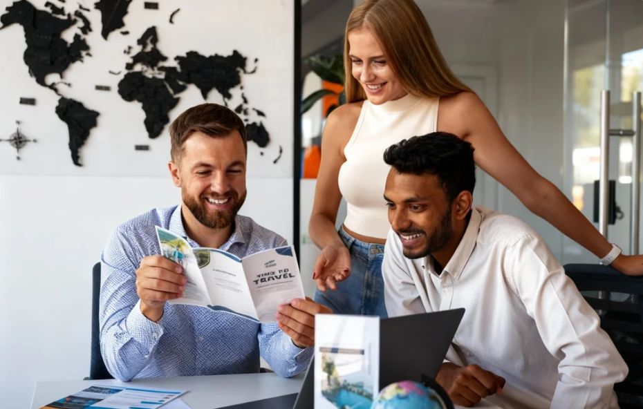 Três consultores de turismo sorridentes ao redor de uma mesa branca com um laptop e um globo terrestre enquanto analisam um catálogo de destinos em frente a um mapa-múndi na parede.