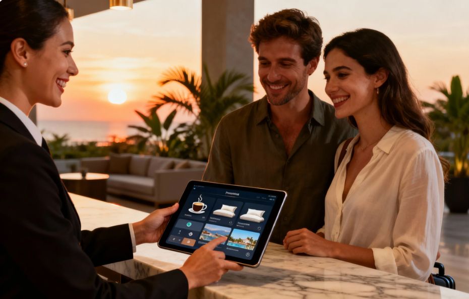 Recepcionista de hotel boutique mostra tablet com painel de preferências personalizadas para casal de hóspedes, em um balcão de mármore, durante o pôr do sol.