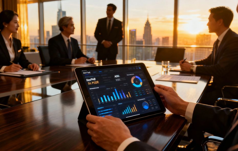 Vista em close de mãos segurando um tablet com gráficos financeiros de RevPAR e ADR sobre uma mesa de reunião em um escritório luxuoso com executivos ao fundo durante o pôr do sol.