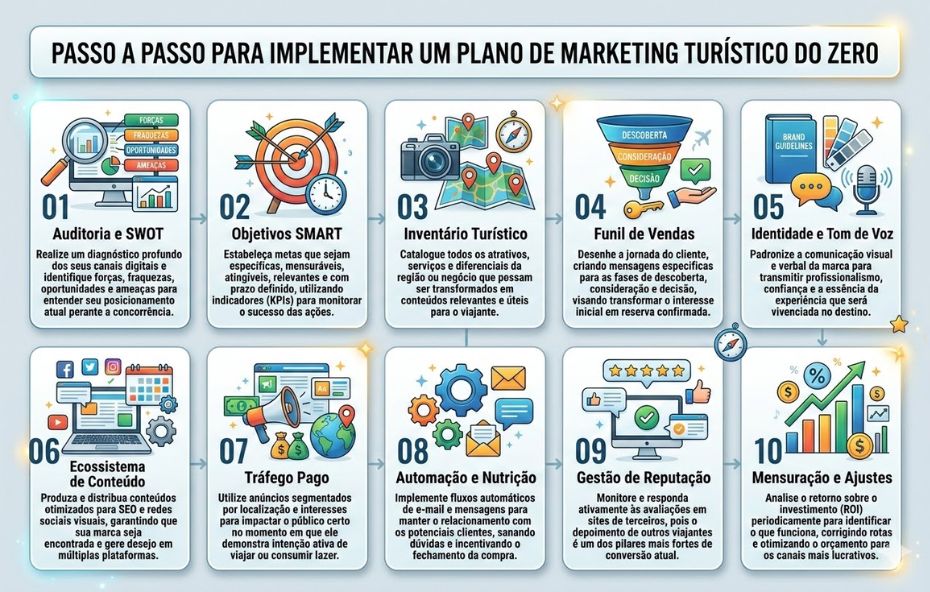 Um infográfico horizontal detalha dez etapas numeradas para criar um plano de marketing para turismo. Cada etapa possui um número, um título curto e um parágrafo descritivo em português, acompanhados por ícones ilustrativos sobre um fundo azul claro com luzes e estrelas. Os passos cobrem Auditoria e SWOT, Objetivos SMART, Inventário Turístico, Funil de Vendas, Identidade e Tom de Voz, Ecossistema de Conteúdo, Tráfego Pago, Automação e Nutrição, Gestão de Reputação, e Mensuração e Ajustes.