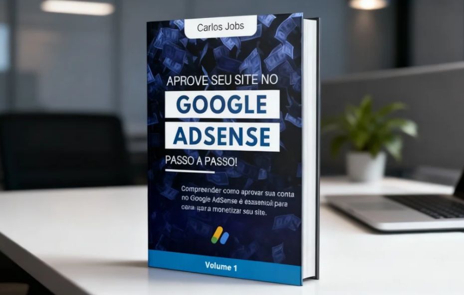 Capa do livro impresso posicionado sobre uma mesa de escritório com fundo desfocado apresentando o título Aprove seu site no Google AdSense Passo a Passo escrito por Carlos Jobs.