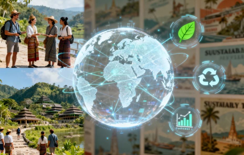 Montagem fotográfica que exibe turistas em destinos naturais ao lado de uma representação digital do globo terrestre, conectado por redes de dados com ícones flutuantes de sustentabilidade, reciclagem e gráficos de crescimento financeiro, evidenciando a tecnologia aplicada ao setor de turismo sustentável.