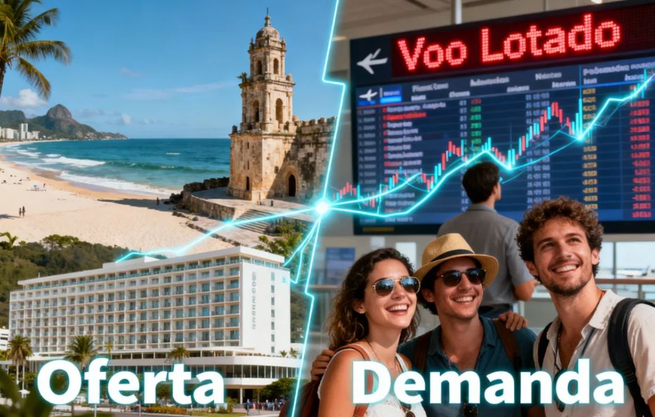 Imagem dividida diagonalmente por um feixe de luz azul neon que separa a oferta da demanda, apresentando à esquerda uma infraestrutura hoteleira moderna na orla de uma praia e uma torre histórica de pedra, enquanto à direita um painel de aeroporto exibe a mensagem de voo lotado sobreposta por um gráfico de linhas em crescimento e turistas sorridentes em primeiro plano.
