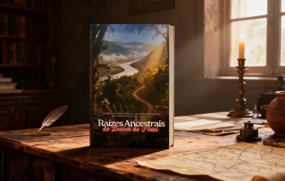 A imagem apresenta a capa do livro Raízes Ancestrais da Barra do Piraí de autoria de Carlos Jobs. O design conta com elementos visuais que remetem à natureza e à cultura indígena com uma paleta de cores em tons de terra e ocre. O título aparece em destaque na parte central com tipografia clara e legível sobre um fundo artístico que sugere a paisagem do Vale do Paraíba e a presença ancestral no território.