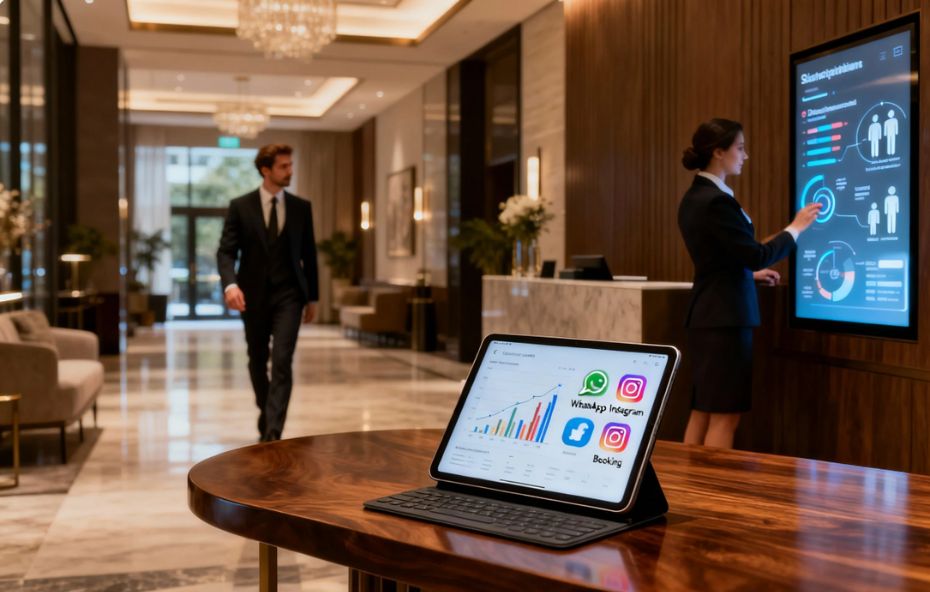 Um lobby de hotel luxuoso e tecnológico onde uma tela digital transparente exibe ícones de redes sociais e gráficos de dados flutuando sobre um balcão de madeira. Ao fundo, uma recepcionista profissional atende hóspedes em um ambiente com iluminação sofisticada e painéis digitais de gestão.