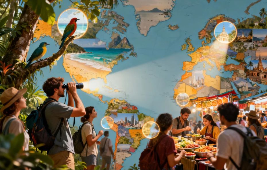 Imagem composta que apresenta um grande mapa múndi estilizado ao fundo, com diversos pontos de interesse destacados por círculos luminosos, enquanto em primeiro plano observa-se um grupo de turistas explorando uma floresta tropical com binóculos e pássaros coloridos, contrastando com outra cena à direita que mostra jovens viajantes desfrutando da culinária de rua em um mercado asiático vibrante.