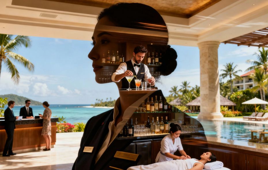 Montagem fotográfica mostrando uma profissional de hotelaria em primeiro plano, com sobreposições de um barman preparando drinks em um resort de luxo e uma terapeuta realizando massagem em um spa.